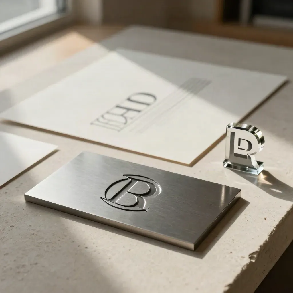 Logo design materials on pale stone with embossed plaque, vinyl mark, acrylic monogram and print samples.