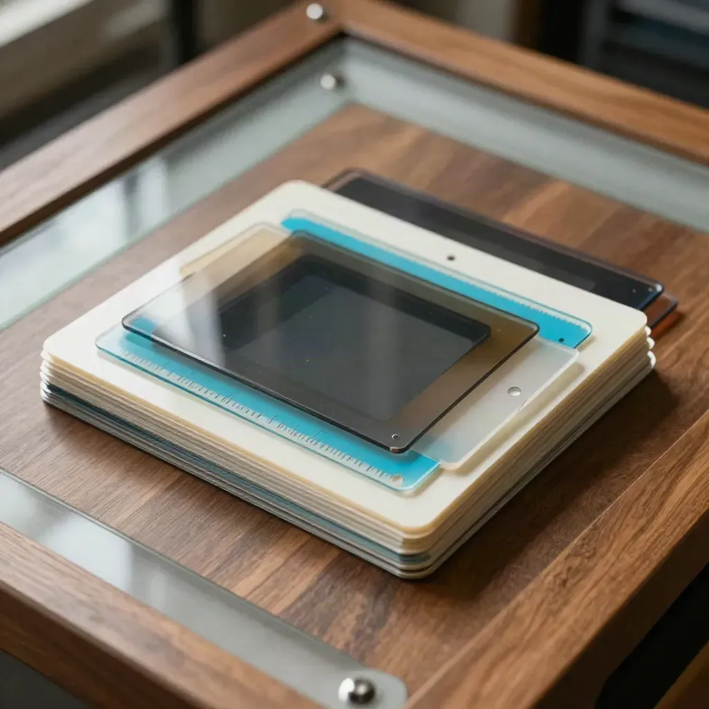 Acetate motion frames and timing strips stacked on walnut under soft overhead light.
