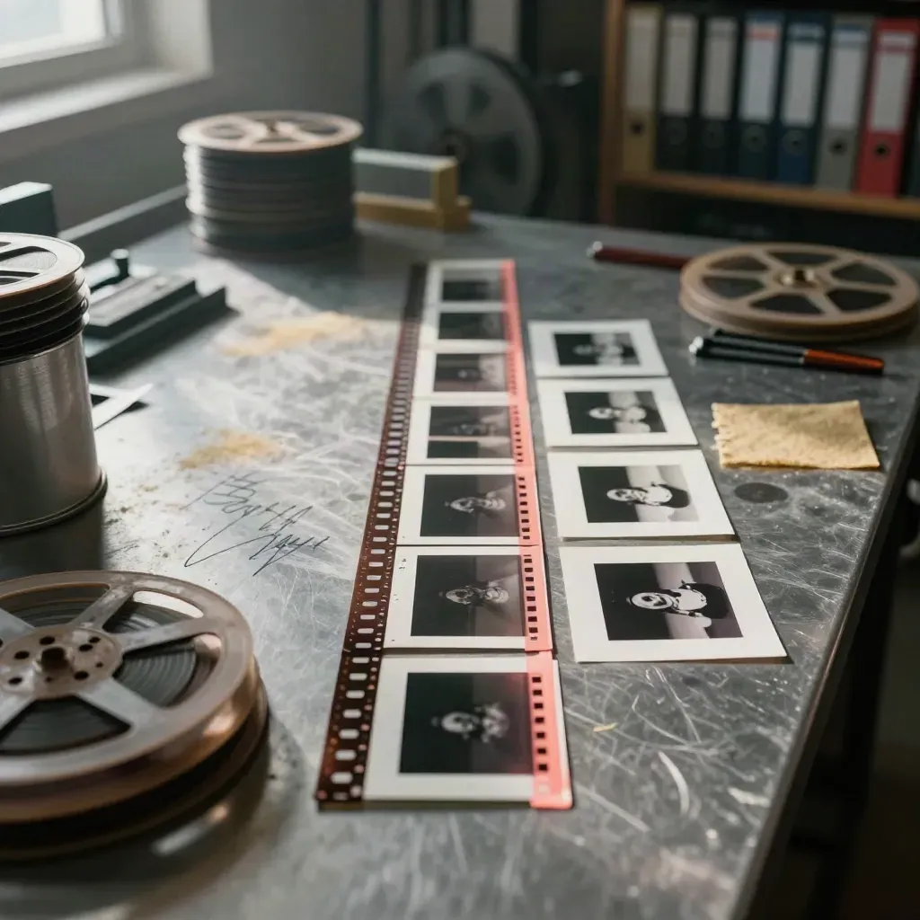 Film strips, contact prints, and reel leader on a dark edit bench under raking cinematic light