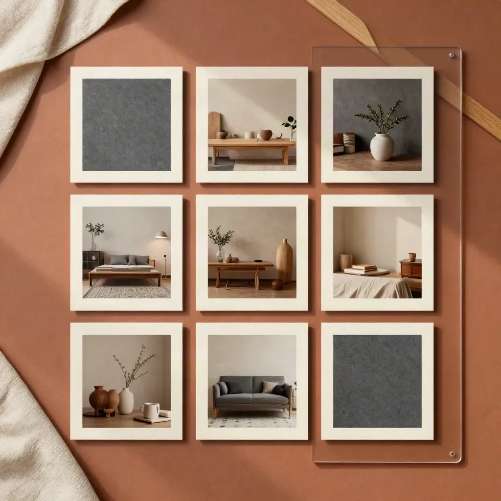 Overhead flatlay of social content tiles, proofs, and slate-grey swatch tabs on terracotta plaster.