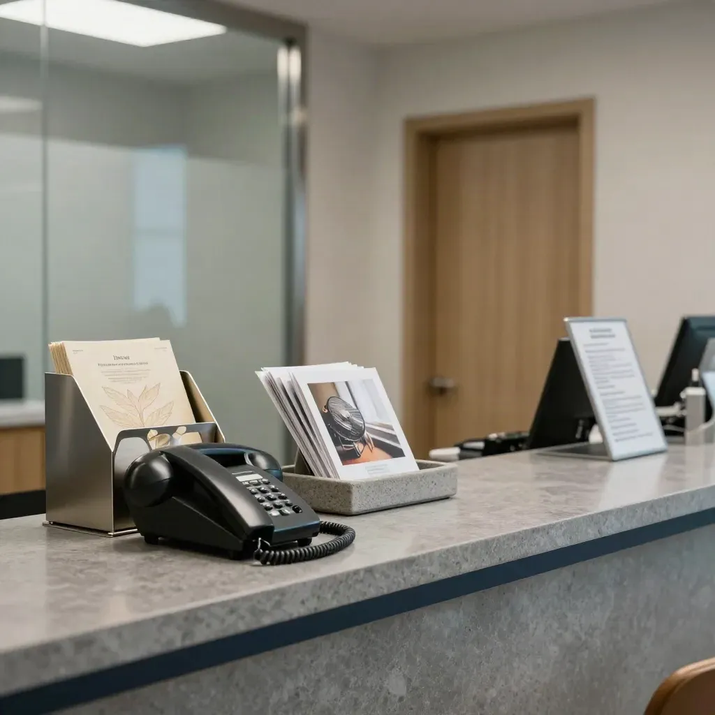 Clinic reception with lit phone, brochure rack, fresh prints and angled kiosk in cool modern light