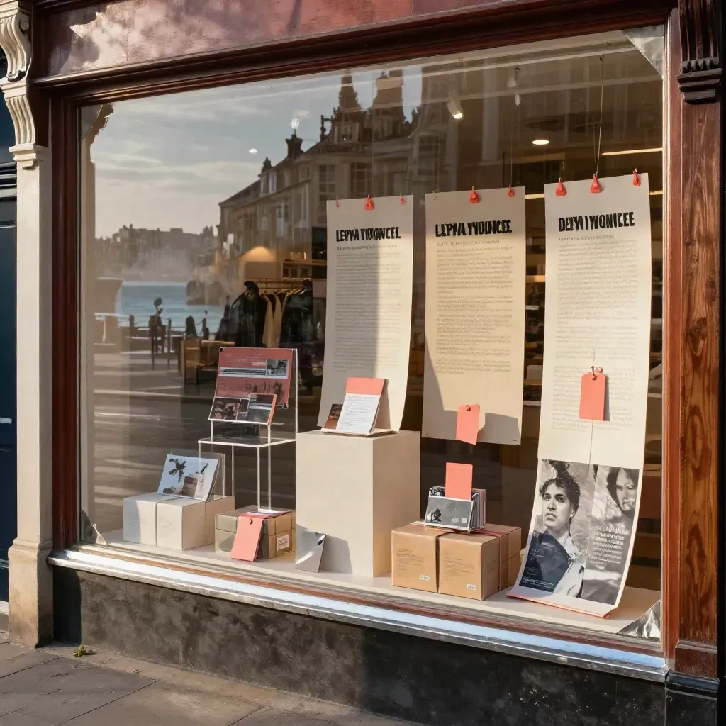 Brighton shop window sale display with coral tags, pedestals, and sea-haze reflections