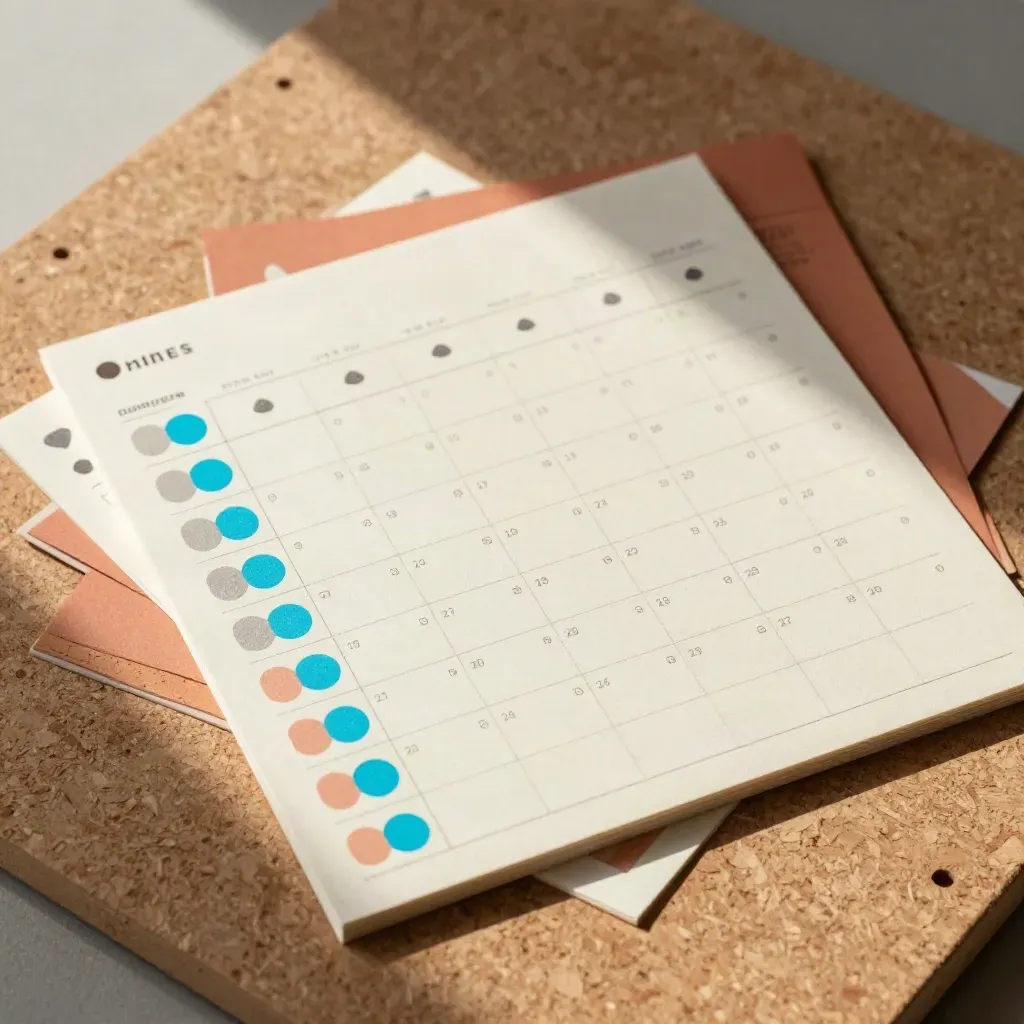 Campaign calendar with square tiles, tabs, cyan chips and adhesive dots on terracotta board.