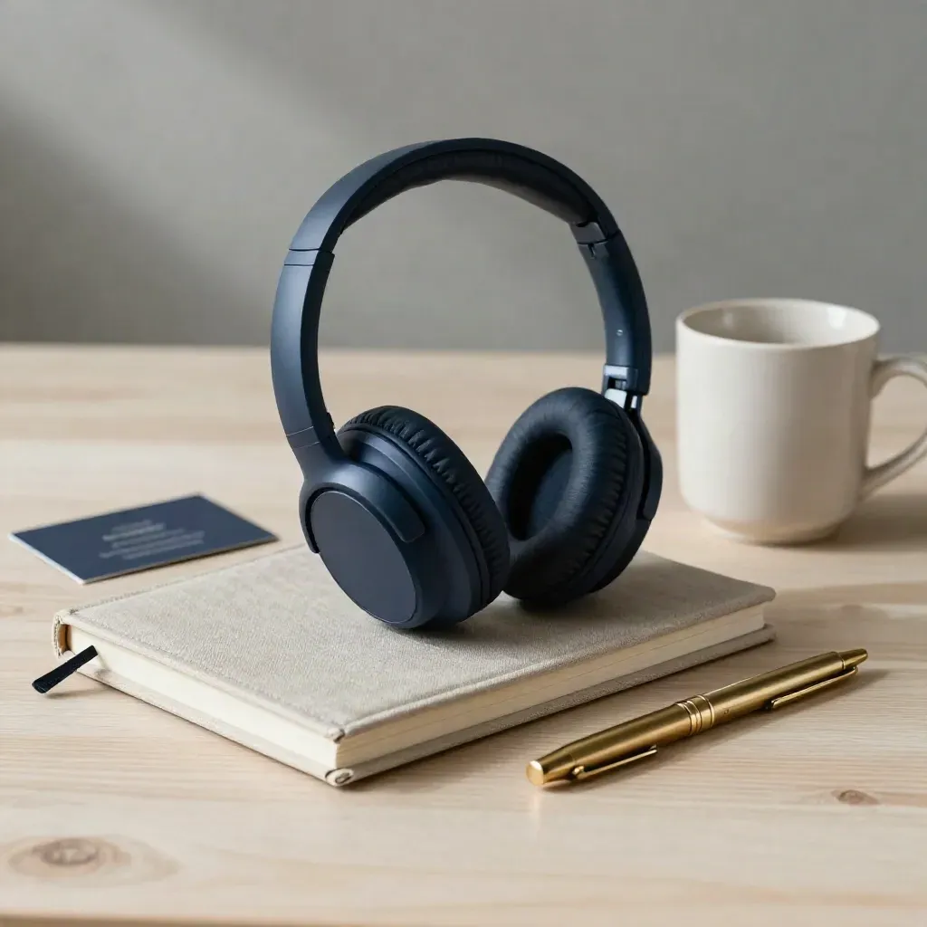 Wireless headset, notebook, mug and brass pen on pale wood with soft studio light