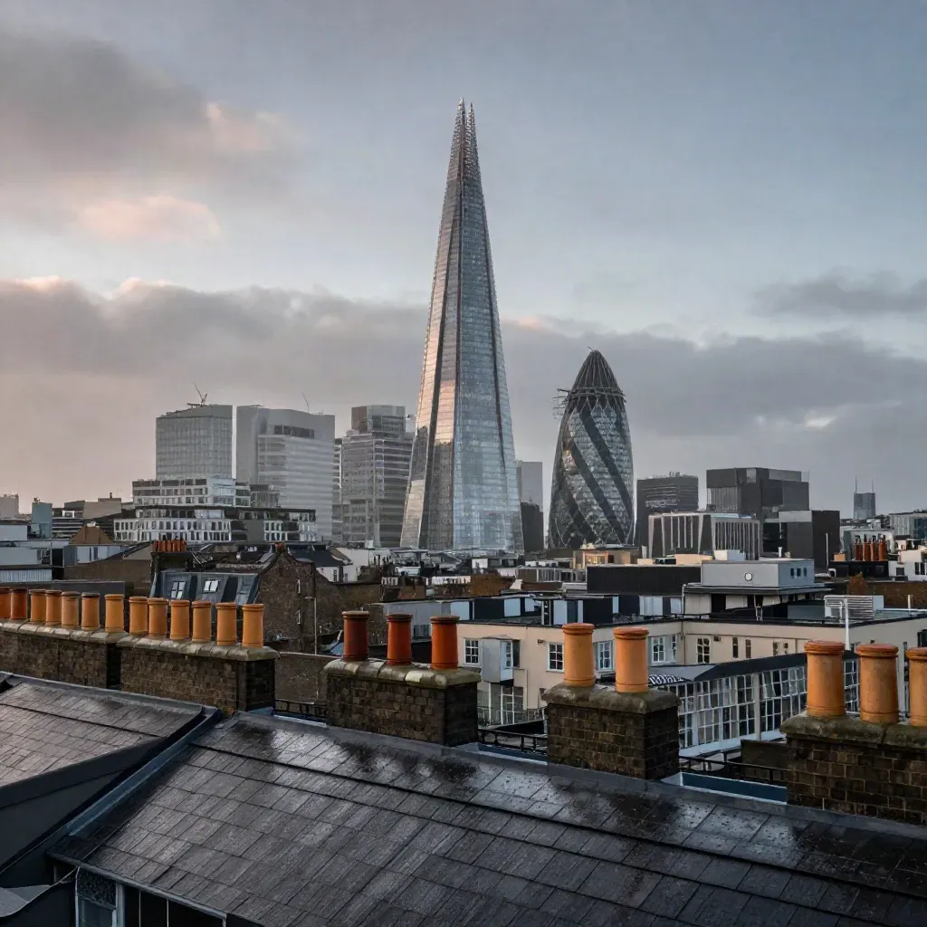The Shard over wet London rooftops at blue hour, misty skyline, calm space for copy.