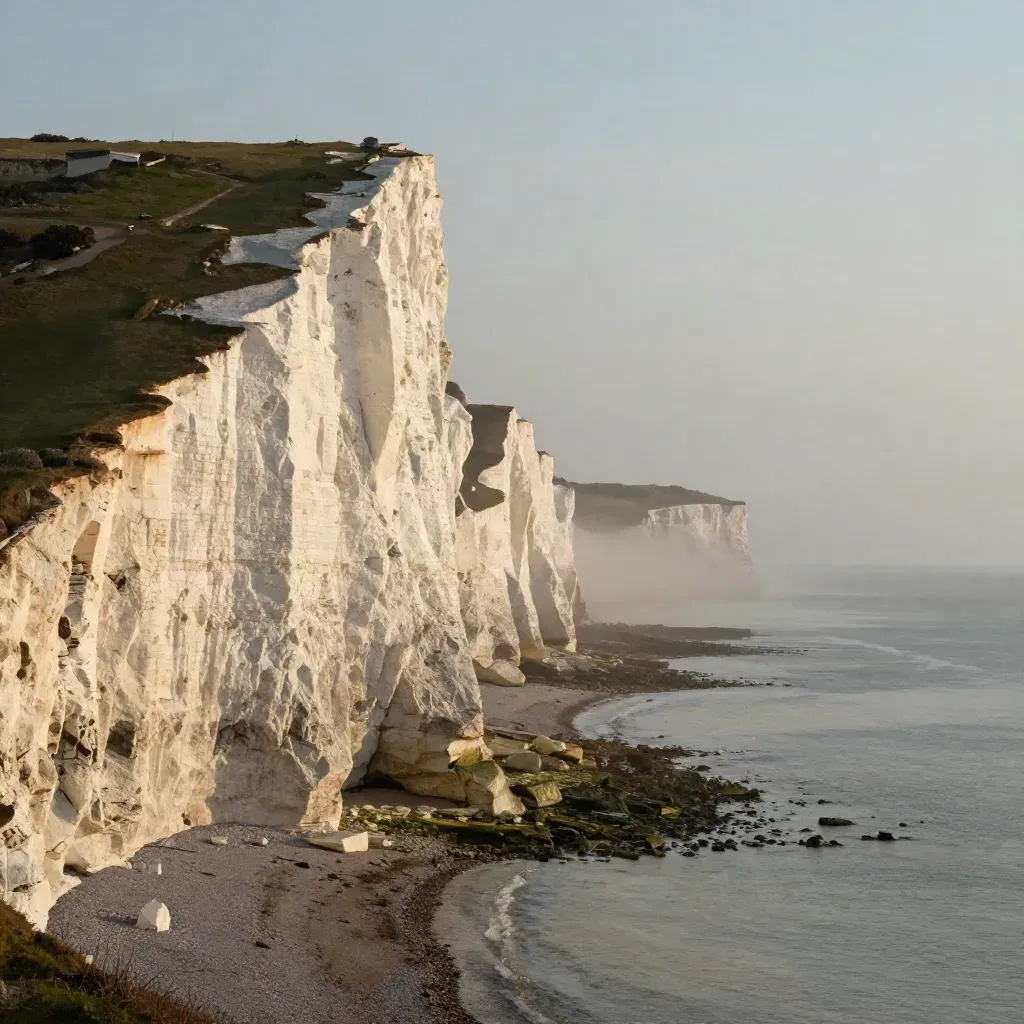White Cliffs of Dover glowing at golden hour above a calm hazy Channel horizon.