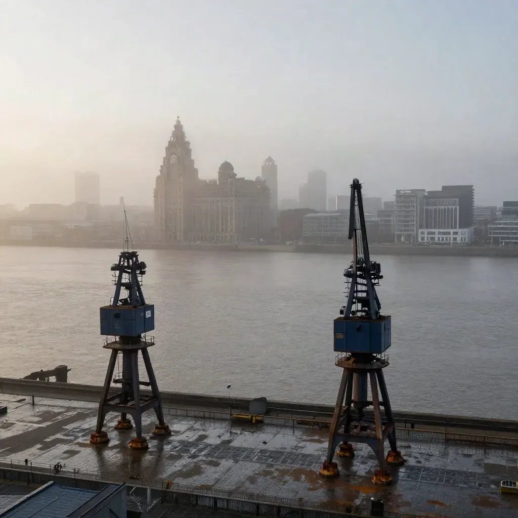 Liverpool waterfront cranes and dock architecture emerging from dawn fog over calm water
